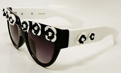 Square Black Sunglasses with White and Black Flowers  100%UV400