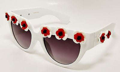 Square White Sunglasses with White, Red and Black Flowers  100%UV400